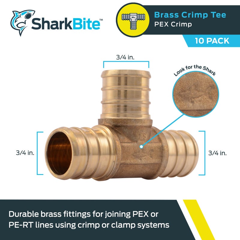 SharkBite 3/4 Inch Crimp Tee, Pack of 10, Brass Plumbing Fitting, PEX Pipe, PE-RT, UC370LFA10 - Image 2